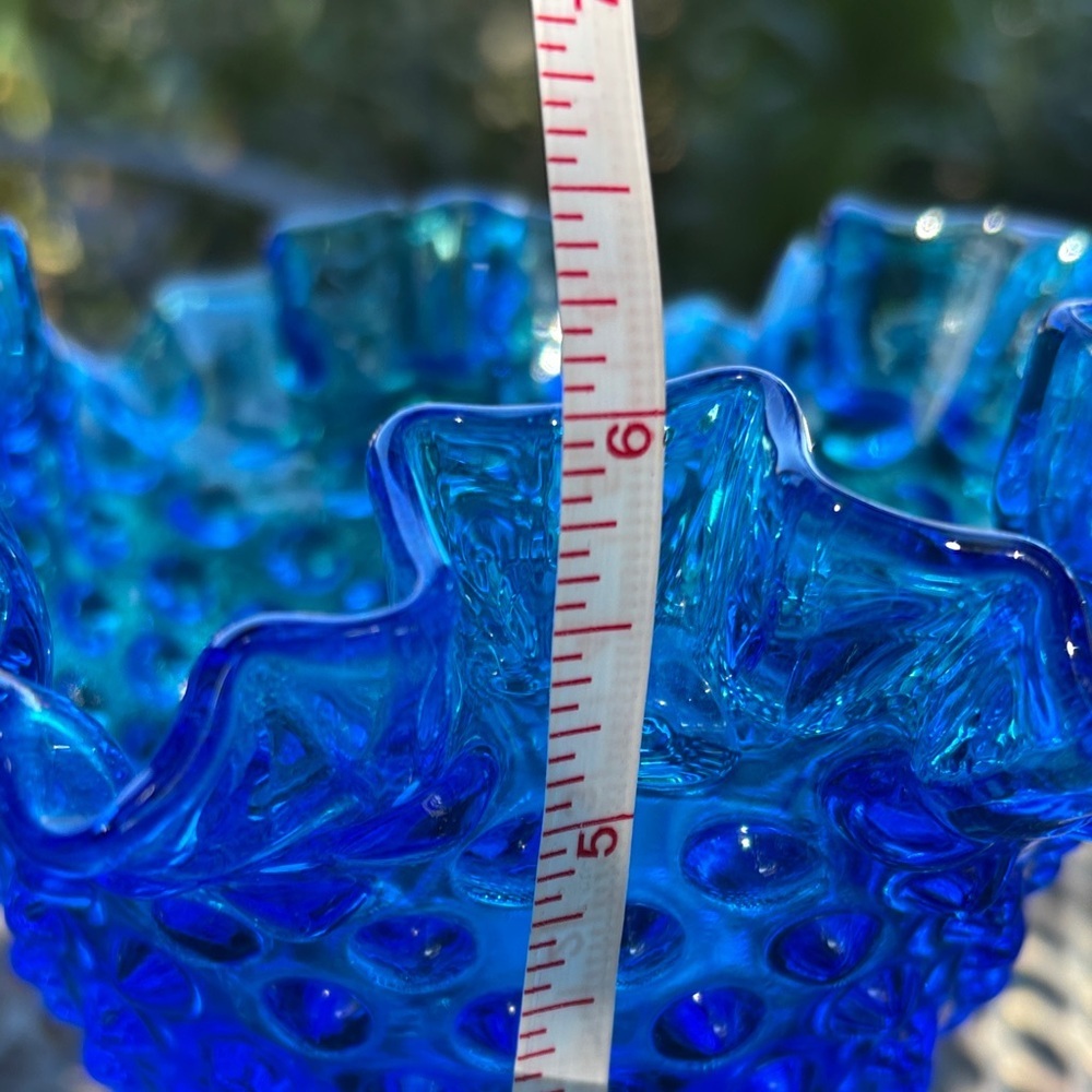 SOLD!! Fenton Colonial Blue Hobnail Ruffled Edge Compote dish - Picture 7 of 9